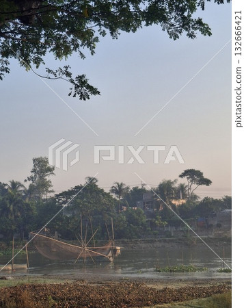 A serene landscape at dawn, with silhouetted trees against a pale sky and a hint of mist over the fields 132666421