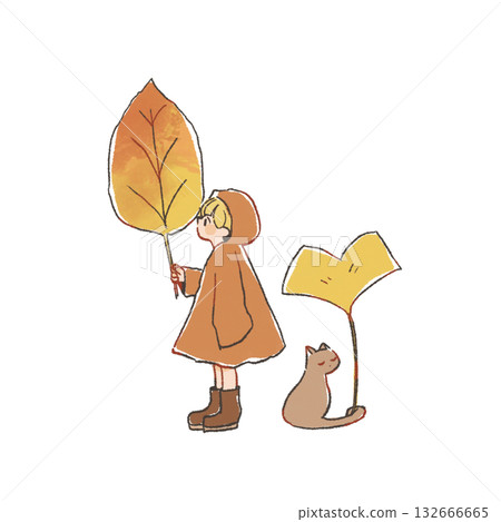 以秋季為主題的插畫，描繪了兒童、貓和落葉。 132666665