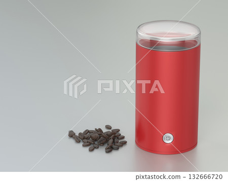 Pile of coffee beans next to red electric coffee grinder 132666720