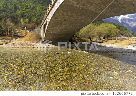 Lijiang, China - April 10, 2024 : A view of a walkway over the lake in Blue Moon Valley in Lijiang, China on April 10, 2024. 132666772