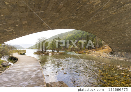 Lijiang, China - April 10, 2024 : A view of a walkway over the lake in Blue Moon Valley in Lijiang, China on April 10, 2024. 132666775