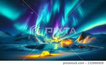 一幅絕妙的冬季風景插畫,描繪了絢麗的極光、湖邊閃閃發光的帳篷和白雪皚皚的山峰。 一幅絕妙的冬季風景插畫,描繪了絢麗的極光、湖邊閃閃發光的帳篷和白雪皚皚的山峰。 132666809