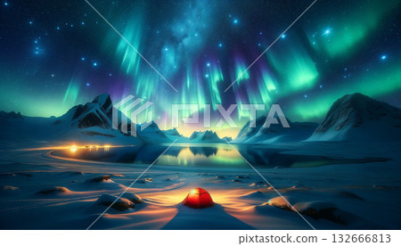 一幅描繪雪山美景的插畫,色彩繽紛的極光在夜空中綻放。畫面中還描繪了一座閃閃發光的帳篷和一片湖泊。 一幅描繪雪山美景的插畫,色彩繽紛的極光在夜空中綻放。畫面中還描繪了一座閃閃發光的帳篷和一片湖泊。 132666813