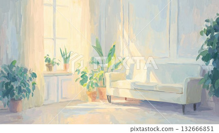 Sunny living room Interior art with houseplants 132666851