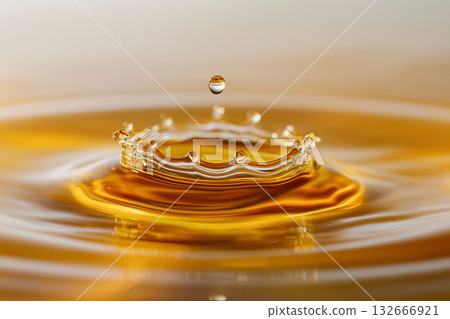 金色液體激起美麗的漣漪和水滴的那一刻（ 132666921