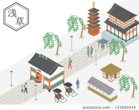 淺草寺和仲見世街的等距插圖（有人力車和朝聖者的風景） 132666934