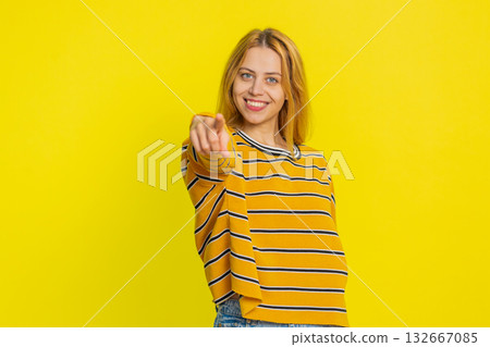 Smiling happy woman pointing forward to camera, choosing lucky victory winner, indicating, promotion Smiling happy woman pointing forward to camera, choosing lucky victory winner, indicating, promotion 132667085