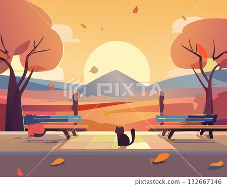 Autumn evening and cat 132667146