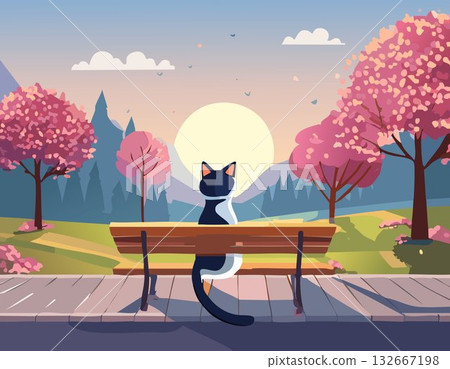 Landscape of dusk and cat 132667198