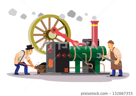 Age of industrial Revolution . People working on steam engines . Cartoon character illustration . Isolated white background . Vector . Age of industrial Revolution . People working on steam engines . Cartoon character illustration . Isolated white background . Vector . 132667355