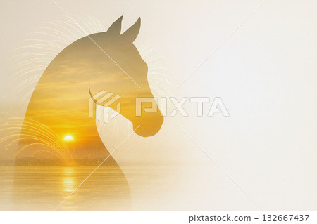 Horse silhouette and first sunrise gradation x fireworks arc & water reflection Horse silhouette and first sunrise gradation x fireworks arc & water reflection 132667437