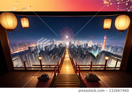 Game background: A modern city night view overlooking the terrace of a traditional building Game background: A modern city night view overlooking the terrace of a traditional building 132667460