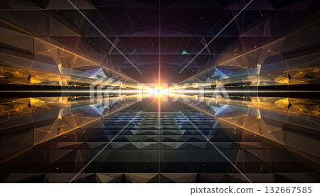 黑色背景上的金色光芒閃爍的抽象背景 132667585