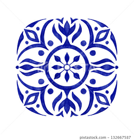 Hand drawn watercolor illustration with blue white azulejo Portuguese ceramic traditional tiles. Ethnic portugal geomentric indigo repeated wall floor ornament. Arabic ornamental background drawing. Hand drawn watercolor illustration with blue white azulejo Portuguese ceramic traditional tiles. Ethnic portugal geomentric indigo repeated wall floor ornament. Arabic ornamental background drawing. 132667587