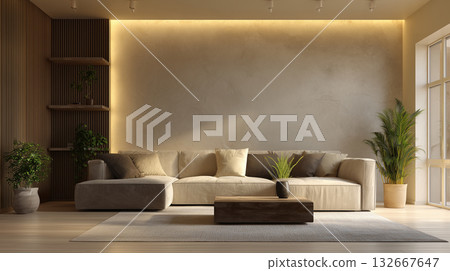 A modern living room created with indirect lighting - A calm and luxurious space design 132667647