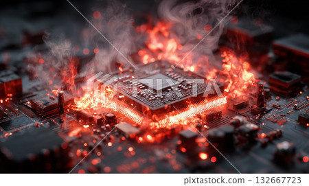 CPU過熱和火焰，象徵系統故障和資料遺失的風險（技術、危機） 132667723