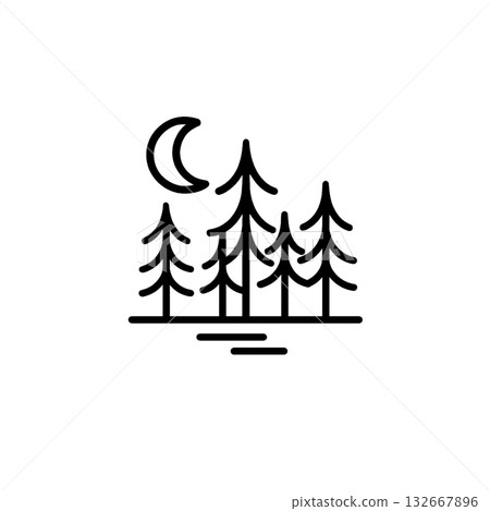 Night forest line drawing icon, material, forest bathing, no background, document creation, black and white, graphic 132667896