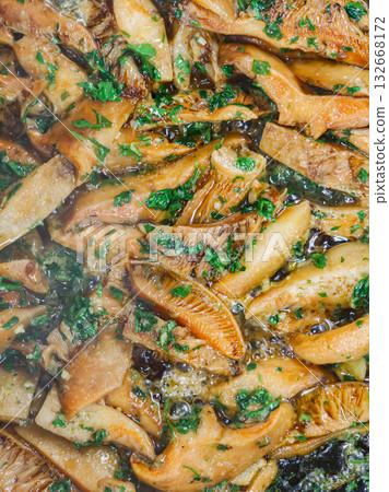 Sauteed Wild Mushrooms with Garlic and Parsley in Olive Oil 132668172
