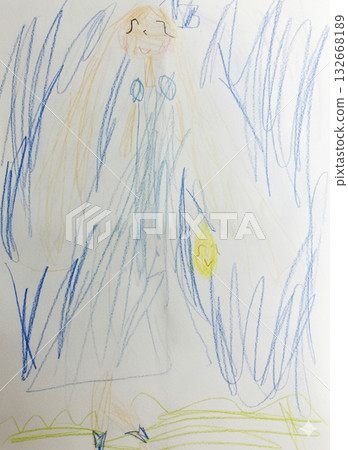 A princess in a blue dress drawn by a kindergartener 132668189
