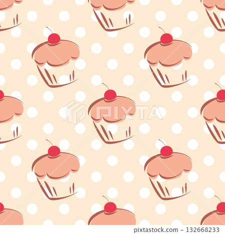 Seamless vector pattern or tile texture with cherry cupcakes and white polka dots on pink background. Hand drawn muffins and sweet cake dessert background for desktop wallpaper, culinary blog website. Seamless vector pattern or tile texture with cherry cupcakes and white polka dots on pink background. Hand drawn muffins and sweet cake dessert background for desktop wallpaper, culinary blog website. 132668233
