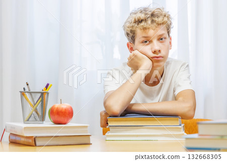 Schoolboy studying at home with notebook, and learning materials Schoolboy studying at home with notebook, and learning materials 132668305