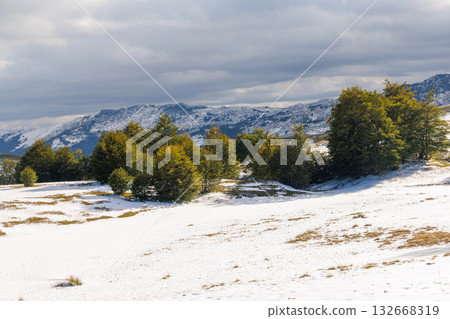 Snow-covered mountains in Montenegro with moody sky Snow-covered mountains in Montenegro with moody sky 132668319