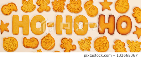 Christmas ginger cookies on beige background 132668367