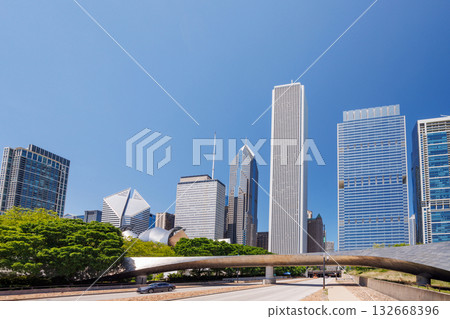 Vibrant sunny view of Chicago downtown skyline under a blue sky 132668396