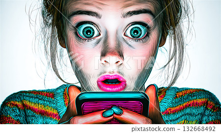 一位女士一臉驚訝地看著她的智慧型手機。 一位女士一臉驚訝地看著她的智慧型手機。 132668492