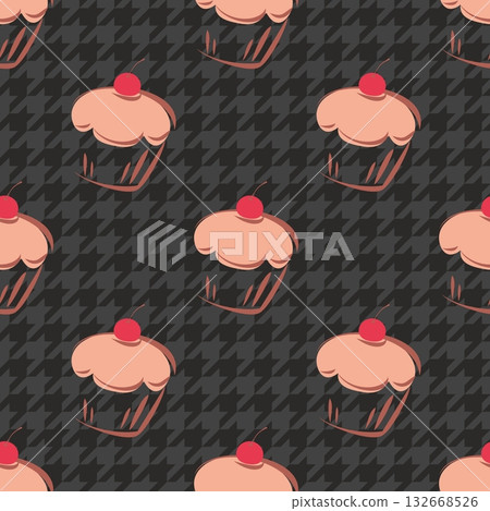 Tile vector background with cherry cupcake and dark grey and black houndstooth pattern for website design, decoration or desktop wallpaper 132668526