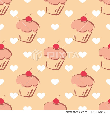 Tile vector pattern with cupcake and hearts on pastel background for seamless decoration wallpaper Tile vector pattern with cupcake and hearts on pastel background for seamless decoration wallpaper 132668528