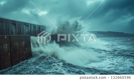 Dynamic and powerful waves crash forcefully against the coastal barrier during intense stormy weather conditions Dynamic and powerful waves crash forcefully against the coastal barrier during intense stormy weather conditions 132668596