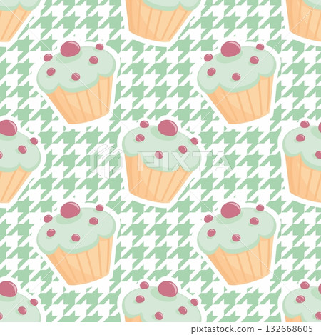 Tile vector cupcake pattern on mint green houndstooth background for seamless decoration wallpaper Tile vector cupcake pattern on mint green houndstooth background for seamless decoration wallpaper 132668605