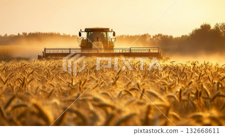 A breathtaking view of golden wheat fields being harvested at sunset using a modern combine harvester A breathtaking view of golden wheat fields being harvested at sunset using a modern combine harvester 132668611