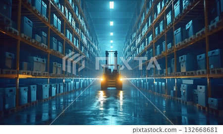 Robust and HeavyDuty Forklift Operating in a Spacious Industrial Warehouse Surrounded by Pallet Racks Robust and HeavyDuty Forklift Operating in a Spacious Industrial Warehouse Surrounded by Pallet Racks 132668681
