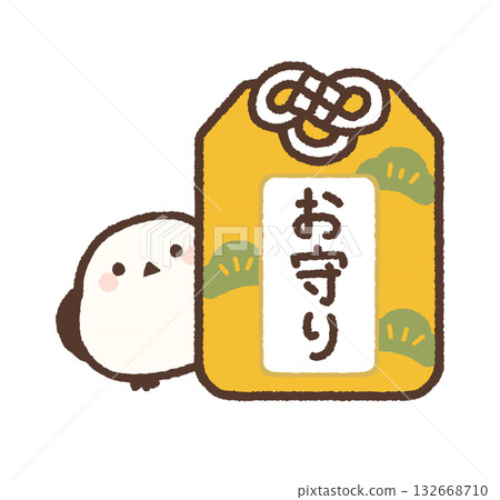 一隻金色的長尾山雀從護身符中探出頭來 132668710