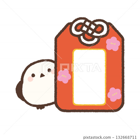 一隻長尾山雀從飾品中探出頭來，紅色，無文字 132668711