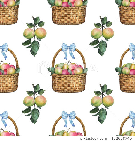 Hand drawn seamless pattern with ripe apples in baskets and apple tree branches. Hand drawn seamless pattern with ripe apples in baskets and apple tree branches. 132668740