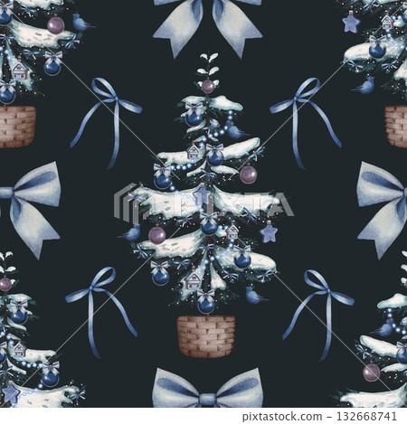 Hand drawn Christmas seamless pattern with a snow covered fir tree and blue bows. Watercolor illustration. Hand drawn Christmas seamless pattern with a snow covered fir tree and blue bows. Watercolor illustration. 132668741