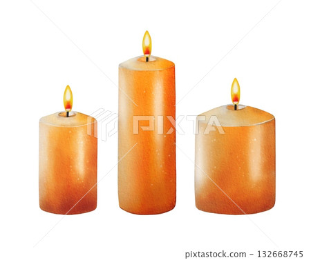 Hand drawn set with orange wax candles. Watercolor illustration. Hand drawn set with orange wax candles. Watercolor illustration. 132668745