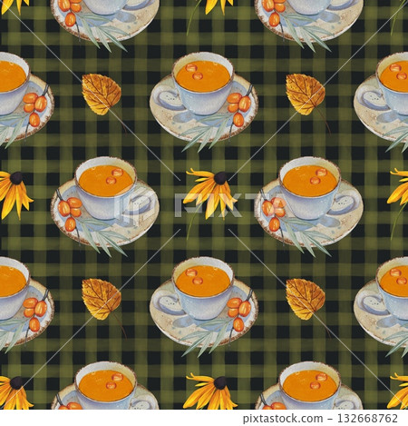 Hand drawn autumn seamless pattern with sea buckthorn tea, autumn flowers and leaves. Watercolor 132668762