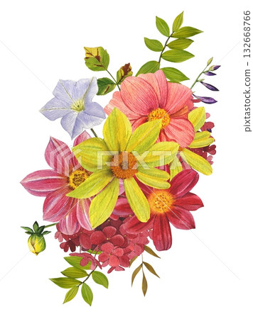 A vibrant autumn bouquet. Pink and yellow dahlias. An arrangement of vibrant dahlias, autumn leaves. Hand drawn watercolor illustration. A vibrant autumn bouquet. Pink and yellow dahlias. An arrangement of vibrant dahlias, autumn leaves. Hand drawn watercolor illustration. 132668766