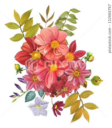 Autumn bouquet. Red and pink dahlias. An arrangement of bright dahlias, autumn leaves. Hand drawn watercolor illustration. 132668767