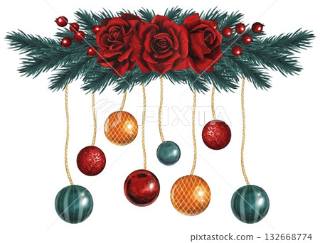 Hand drawn Christmas border with fir branches, red roses, pine tree decorations hanging on strings. Watercolor illustration. 132668774
