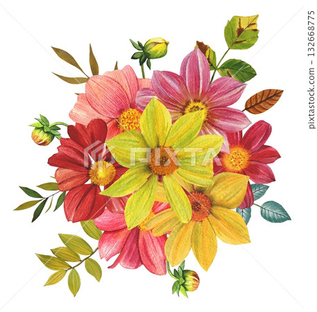 Red and yellow dahlias. An arrangement of bright dahlias, leaves.Hand drawn watercolor illustration. 132668775