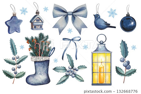 Hand drawn Christmas set with blue ornaments, bows, berries, decorations, sock, lantern. Watercolor illustration. 132668776
