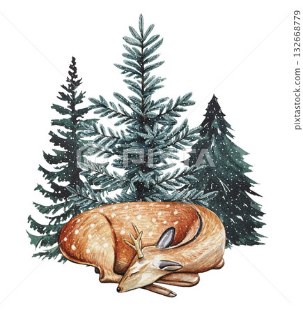 Hand drawn sleeping reindeer in snow covered fir trees. Christmas watercolor illustration. Hand drawn sleeping reindeer in snow covered fir trees. Christmas watercolor illustration. 132668779