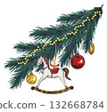 Hand drawn fir branch with Christmas decorations and garland. Christmas watercolor illustration. 132668784