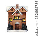 Hand drawn winter snow covered house decorated with Christmas decor. Watercolor illustration. 132668786