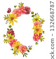 A floral  wreath with vibrant dahlias and leaves. Hand drawn watercolor clip art. 132668787
